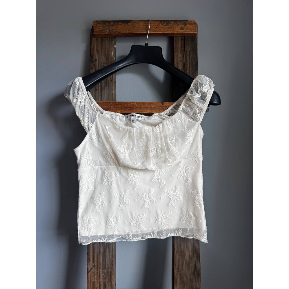 Madden Girl Womens XL White Lace Mesh Floral Y2K Milkmaid Cottagecore Top